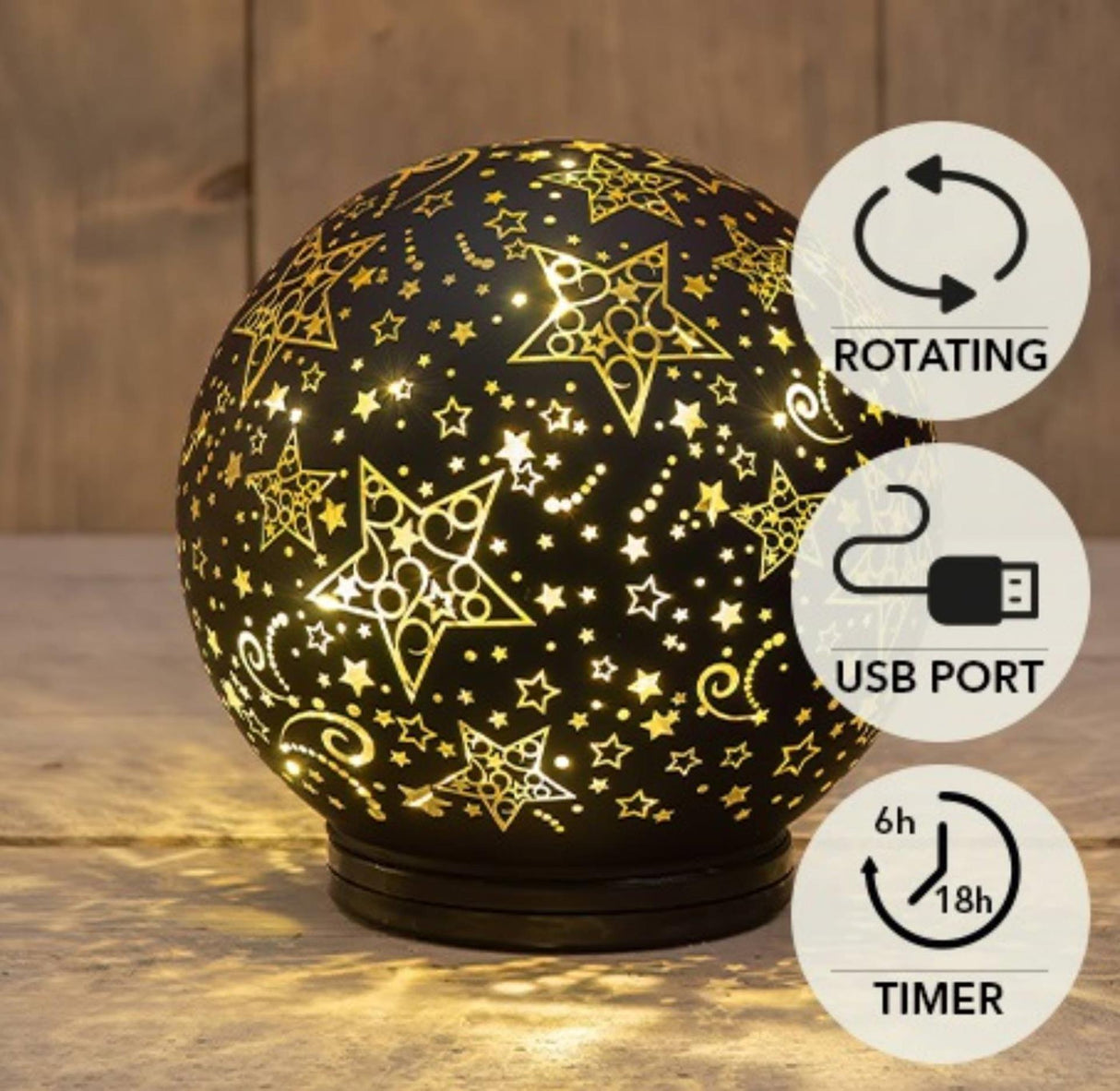 Anna's collection tafellamp bol led met sterren op voet draaiend ø15cm met timer werkt op batterijen en usb c kabel