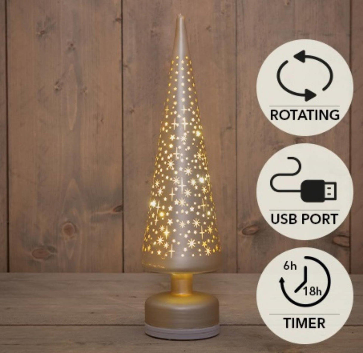 Anna's collection beeld kerstboompje led met sterren op voet draaiend met timer glas 10x10x39cm goud en sneeuw werkt op batterij en usb c