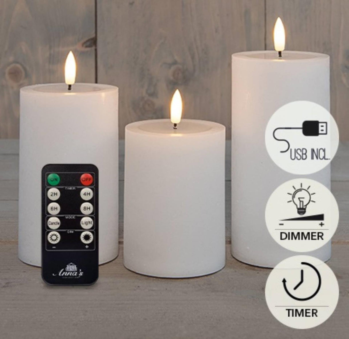 Anna's collection stompkaarsset met 3d vlam effect wax wit oplaadbaar, met afstandsbediening en usb kabel ø7,5x10 12 15cm