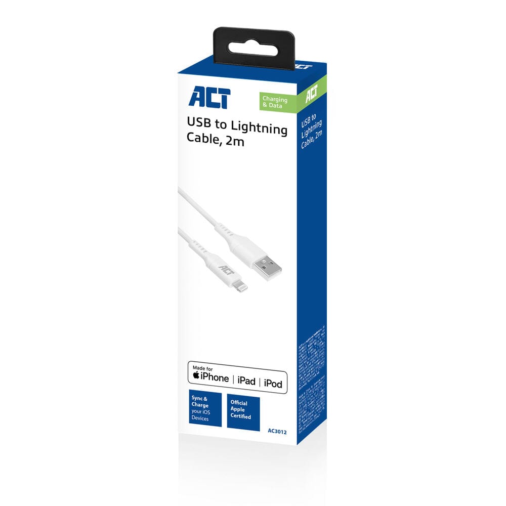 Act USB A til Lightning opladning og datakabel 2m MFI certificeret
