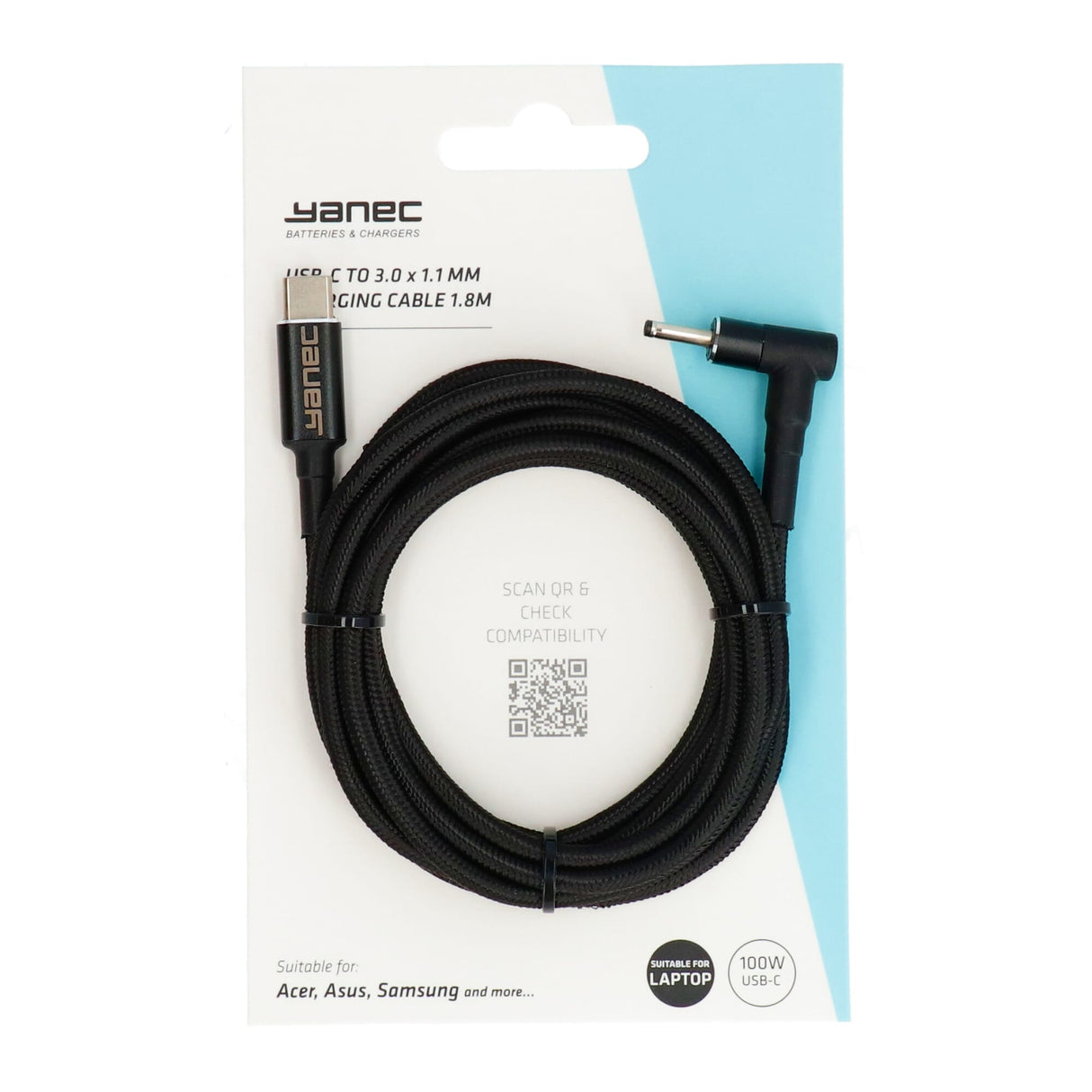 Yanec USB-C til 3,0 x 1,1 mm ladekabel 1,8m