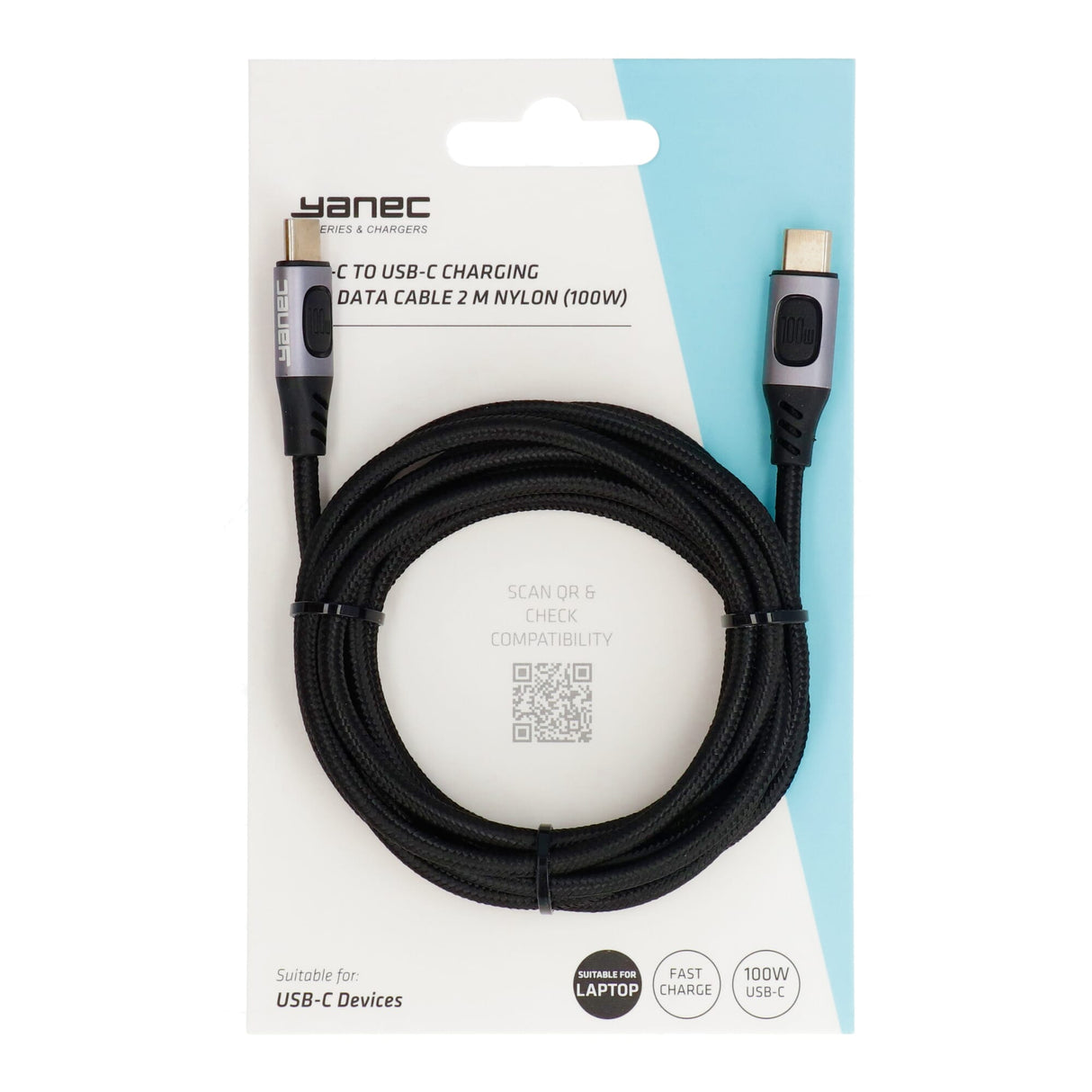 Yanec USB-C til USB-C opladnings- og datakabel 2m nylon (100w)