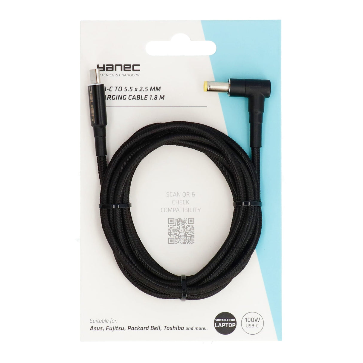 Yanec USB-C til 5,5 x 2,5 mm ladekabel 1,8m