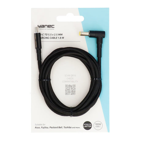 Yanec USB-C til 5,5 x 2,5 mm ladekabel 1,8m