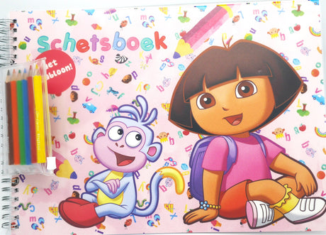 Bongers legetøj Dora og Diego skitsebog med 6 farveblyanter og tegneskabelon