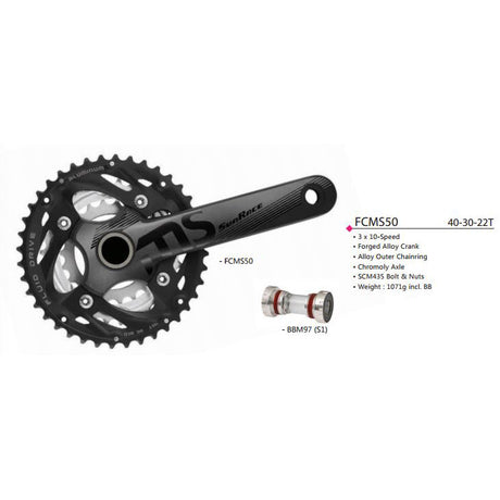 Sturmey-archer europa n.v. sunrace kranksæt fcms50 10v 40 30 22 175mm + bb sæt