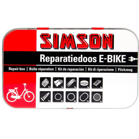 Reparationsboks e-cykel aluminium rød hvid 14-delt