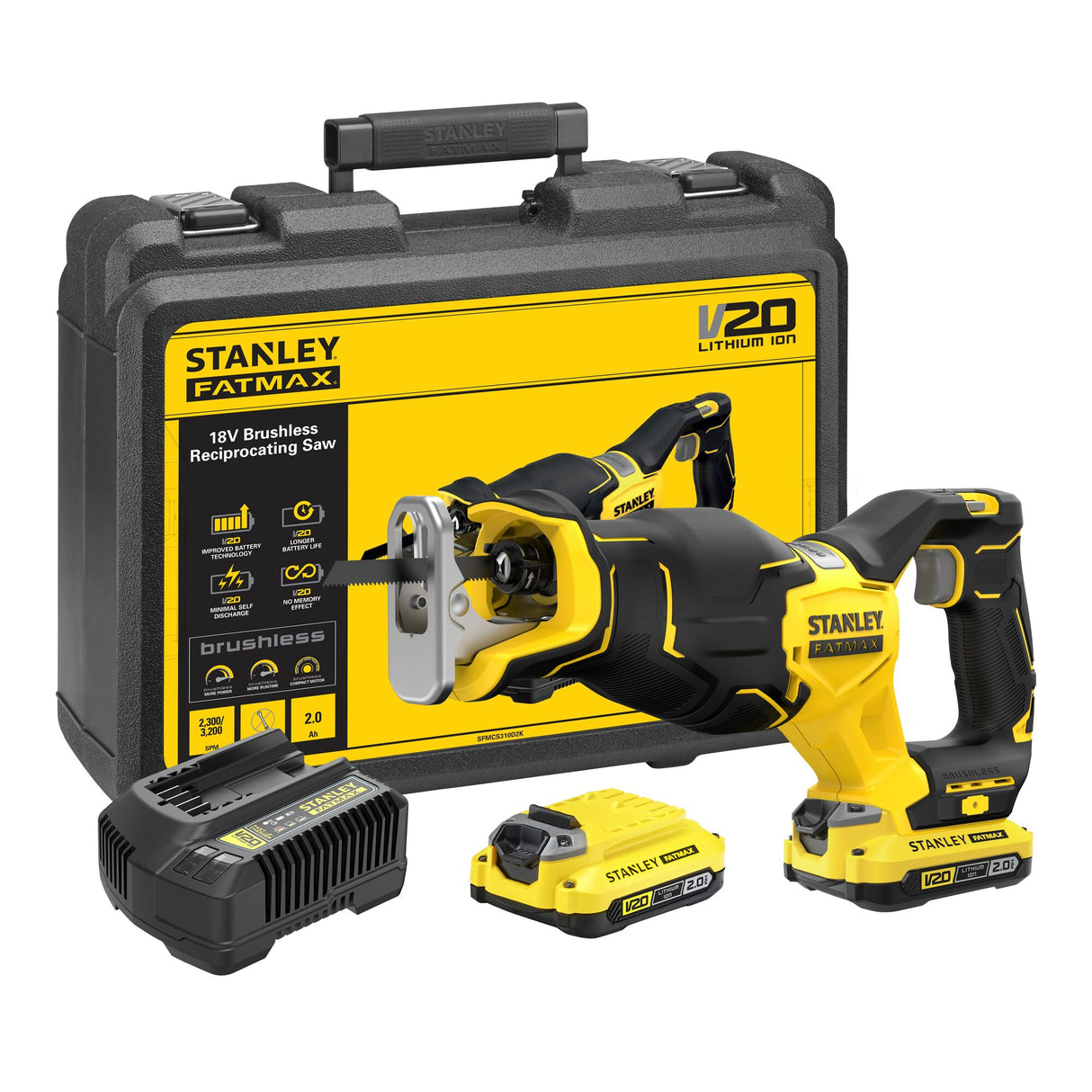 Stanley Fatmax SFMCS310D2K 20V Max* Børsteløs Akku-stempelsav | 2 x 2,0ah batterier + oplader | i etui - sfmcs310d2k-qw