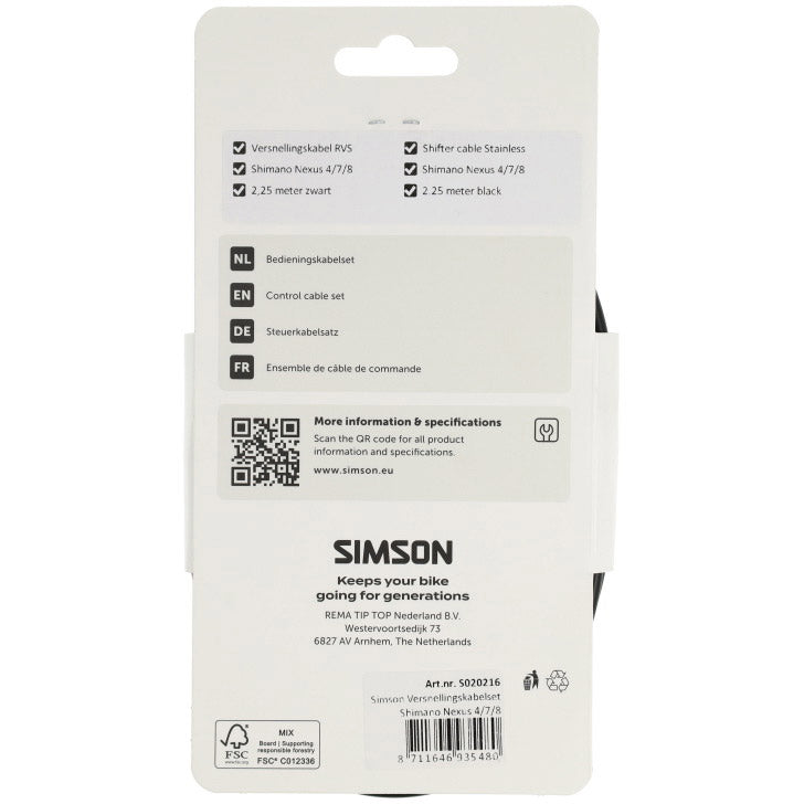 Simson gearkabelsæt Shimano Nexus 4 7 8 sort rustfrit stål