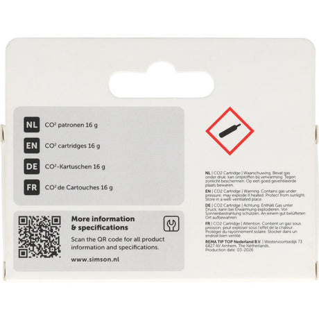 Rema tip top holland b.v. simson s024110 co2 patroner 16gr 2 stk