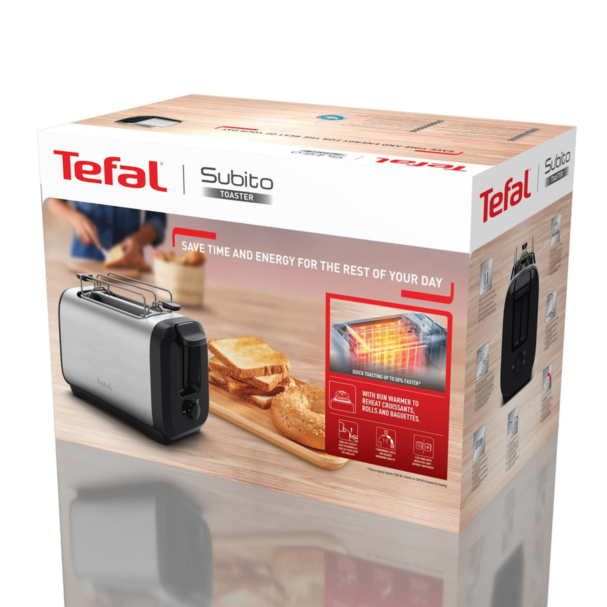 Tefal subito brødrister i rustfrit stål 1300w