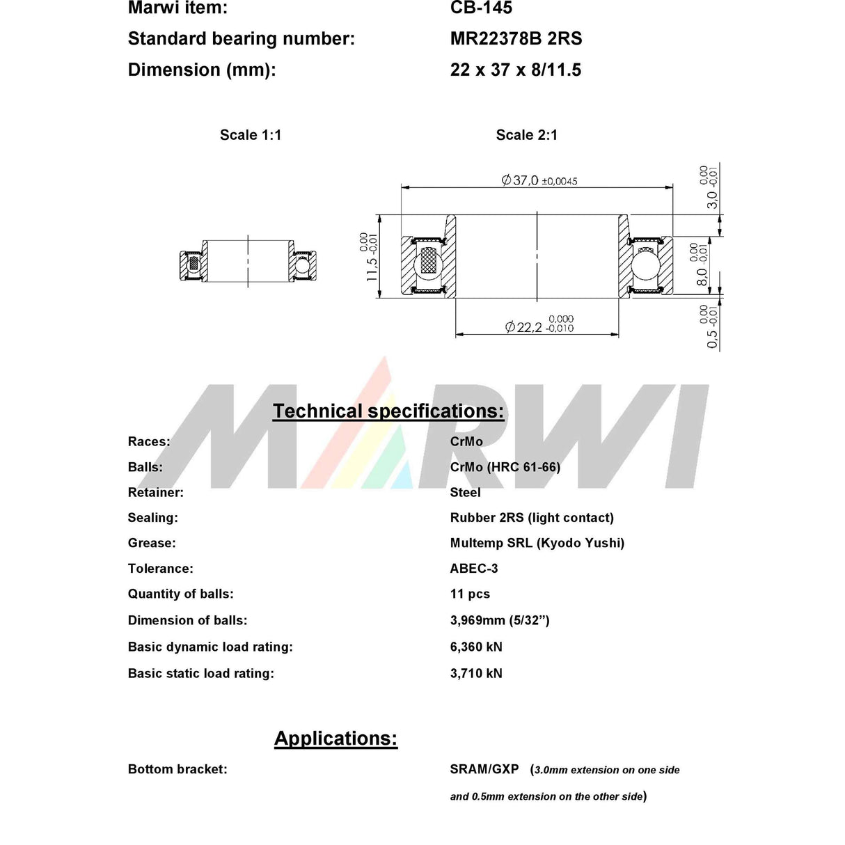 Union kugleleje kugleleje CB-145 22x37x8 11,5