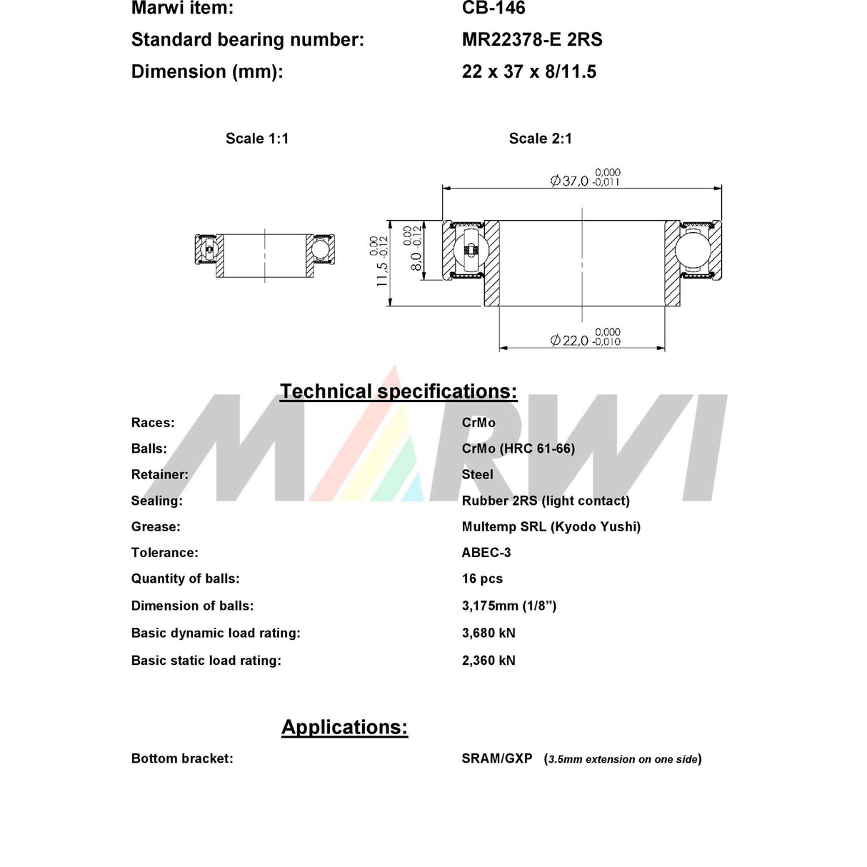 Marwi union kugleleje CB-146 LLB MR22378-E 22x37x8 11� udv.