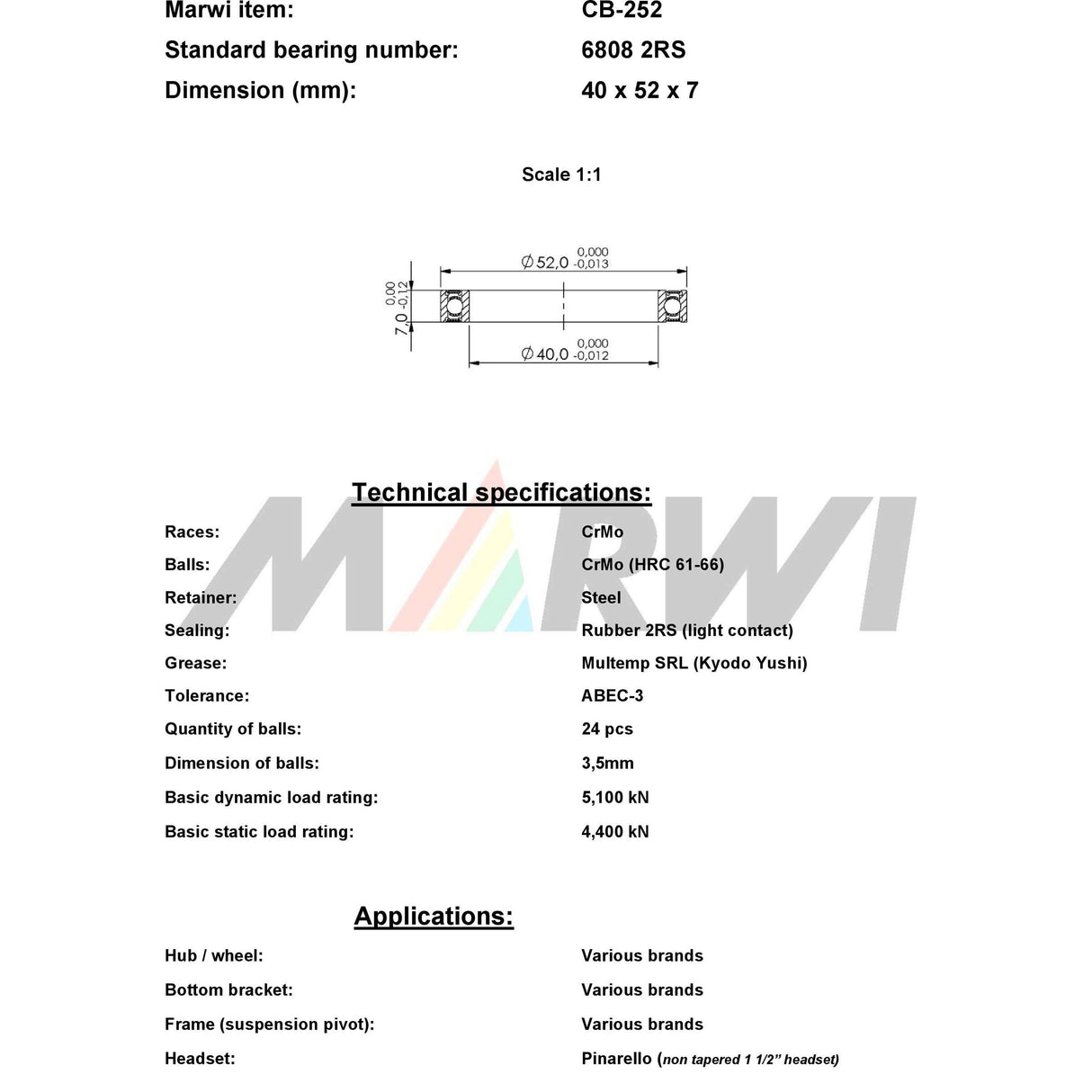 Marwi union kugleleje CB-252 6808 2rs 40x52x7