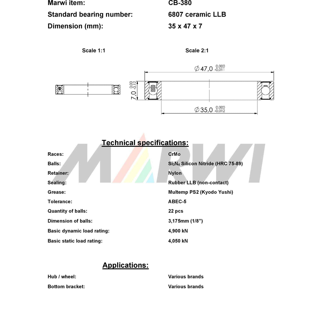 Marwi union kugleleje CB-380 6807 LLB 35x47x7 keramik