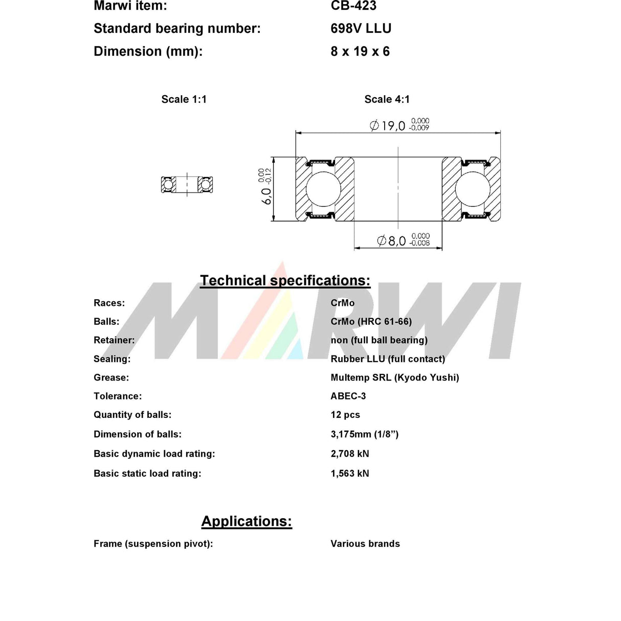 Unionskugleleje max CB-423 698V LLU 8x19x6 keramik