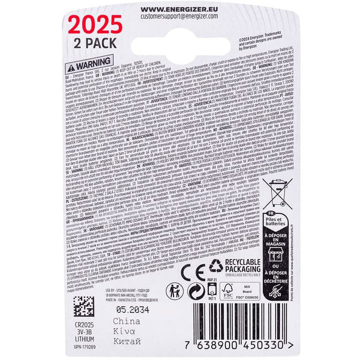 Enerdis energizer batteri lithium 3v cr2025 blister (2 stk)