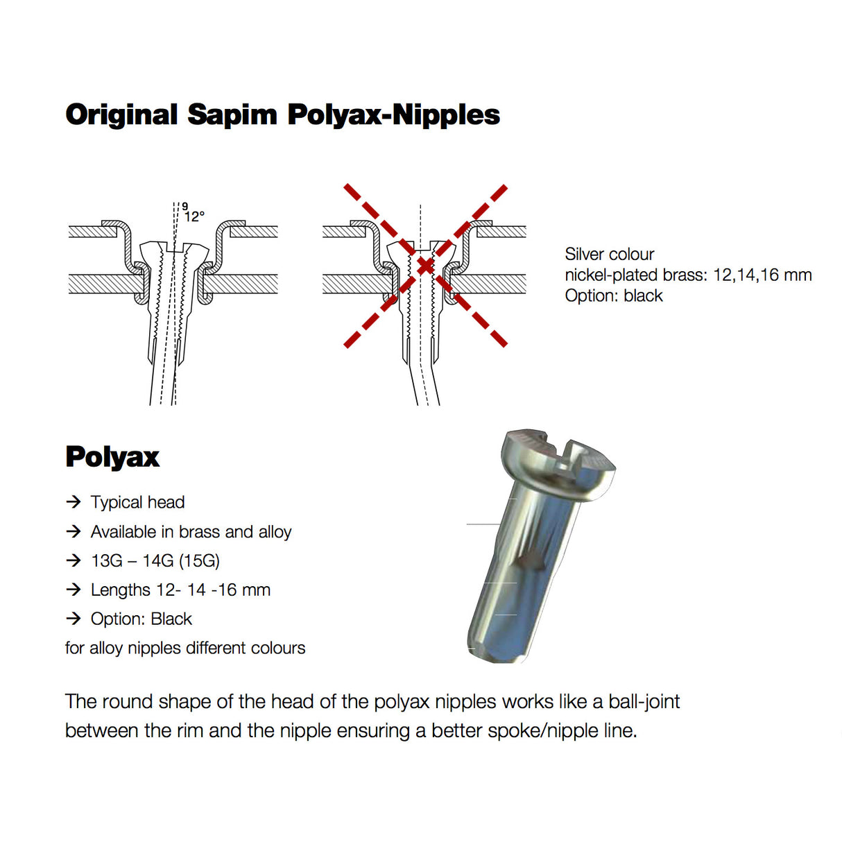 Sapim eger nippel 14 polyax 16mm sølv messing (100 stk)