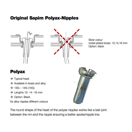 Sapim eger nippel 14 polyax 16mm sølv messing (100 stk)