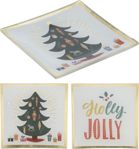 Home styling bord kerst glas 10x10cm kerstboom tekst holly jolly