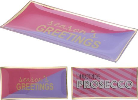 Home styling bord glas 10x21cm met tekst i'm ready in one prosecco of seasons greetings roze paars