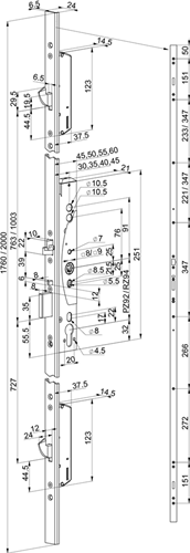Abloy el466 sikkerhedspanik flerpunktslås | enkeltsidet håndtag styret | selvlåsende | skg*** | dm35mm | pc92mm | frontplade rustfrit stål 24x2000mm u-formet | 12 24v dc | dr 1+2+3+4 - 10037688