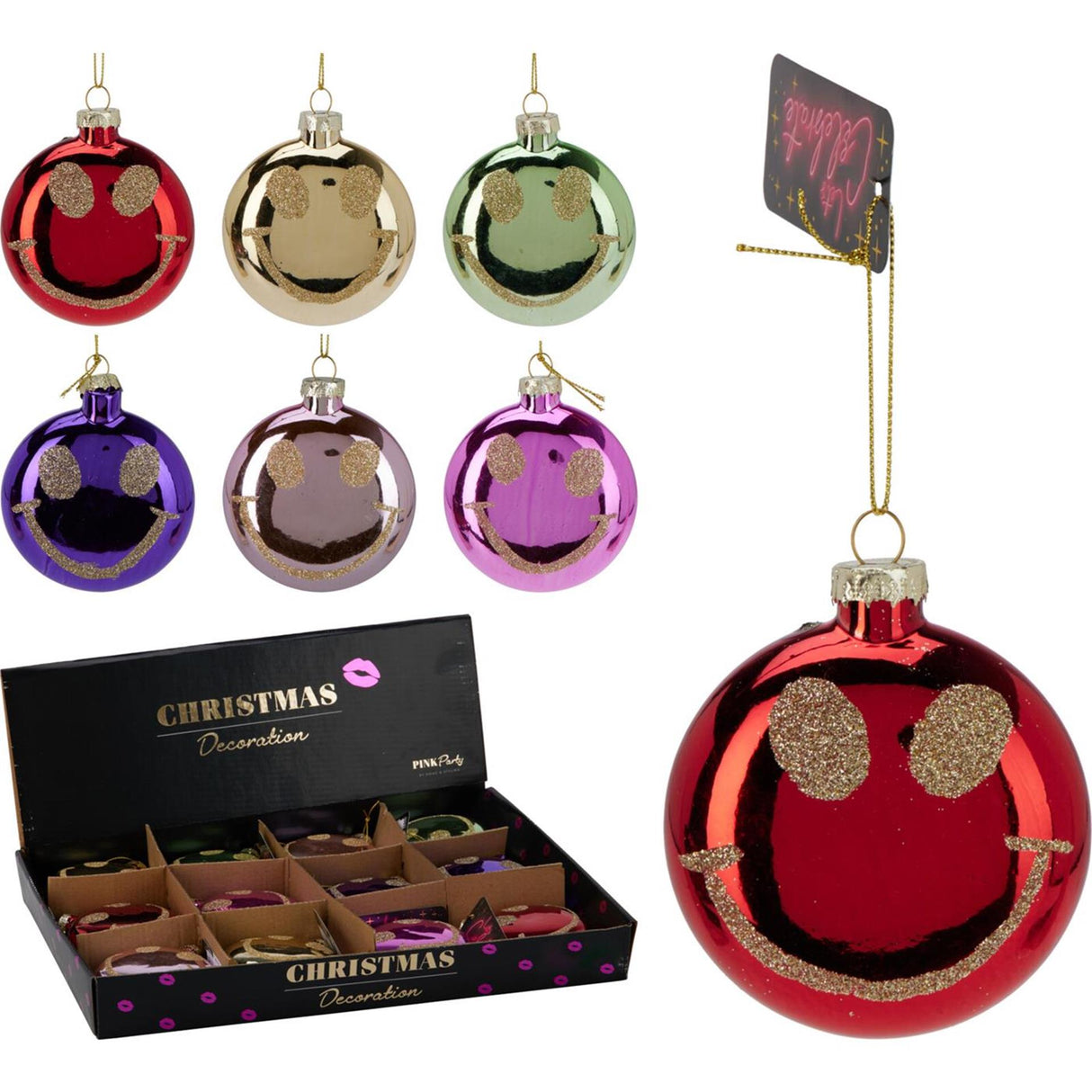 Julevedhæng julekugle flad smiley glas 8,8 cm 6 assorteret udstilling af 12 stk.