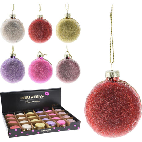 Julevedhæng macaron glas 5x4x6cm 6 assorteret udstilling af 24 stk.