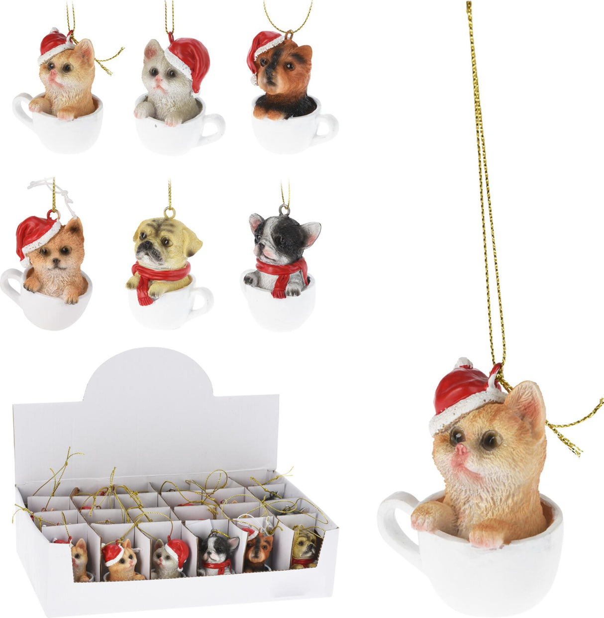 Home styling kersthanger hond en kat met kerstmuts polystone h6cm