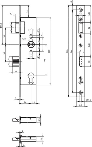 Assa abloy n1500 dørlås | dm40mm | stk 92mm | krumtaphul 8mm | frontplade rustfrit stål 24x270mm rektangulær | zamac forniklet lås | dr 1+3 2+4 - 10049531