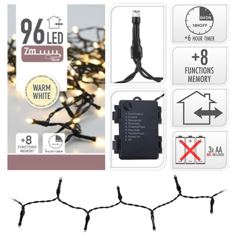 Home styling julelys LED med timer 96l 7mtr varm hvid 3xaa (ekskl. batterier).