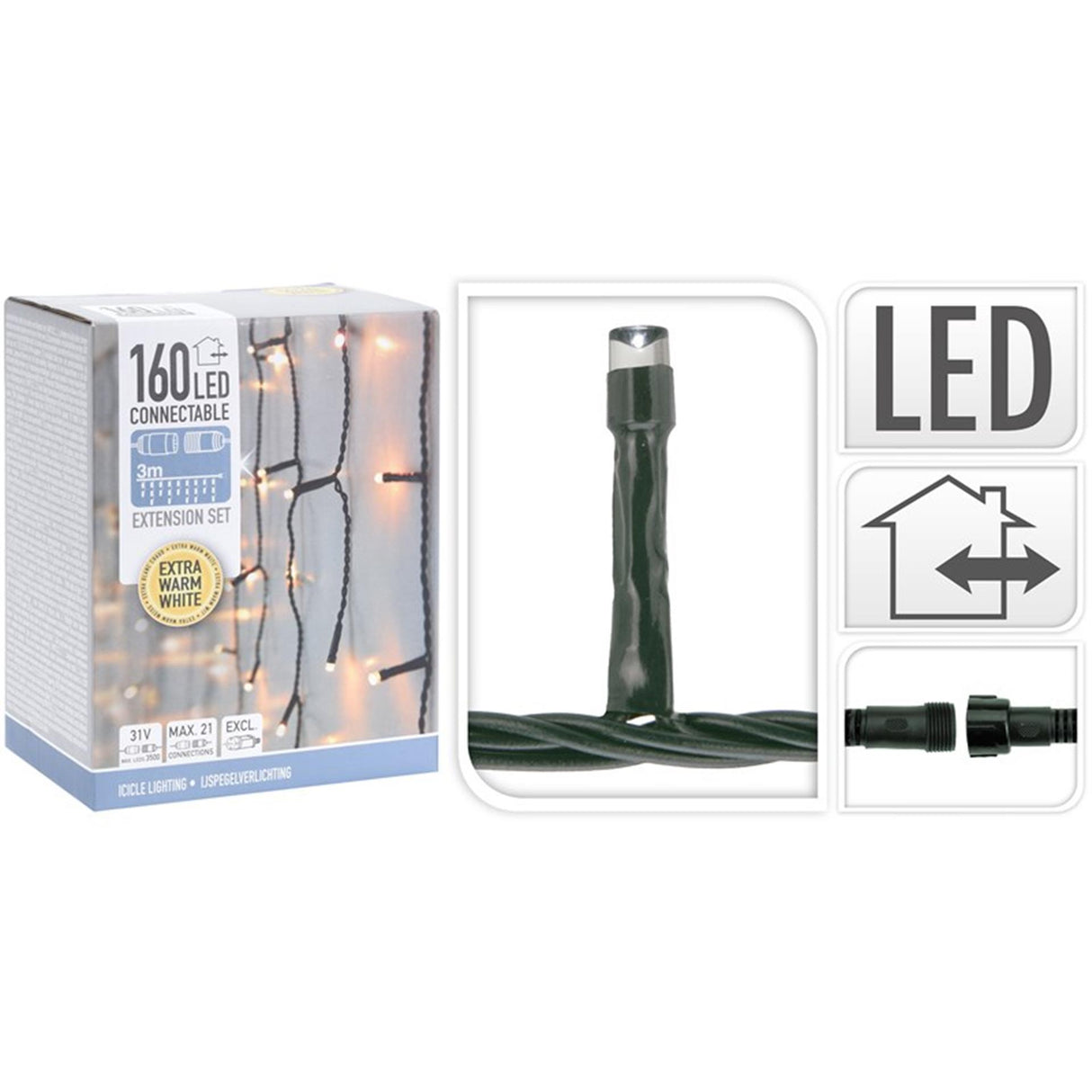 Home styling koppelverlichting icicle verlichting van 3m 160led extra warmwit (exclusief 31v startsnoer, zie 114149)