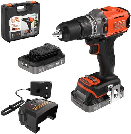 Black+Decker værktøj - 18V akku slagbore-/skruetrækker, 2x batteri 2,0 Ah, Li-ion, oplader BCD383D2XK-QW