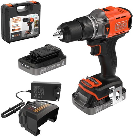 Black+Decker værktøj - 18V akku slagbore-/skruetrækker, 2x batteri 2,0 Ah, Li-ion, oplader BCD383D2XK-QW