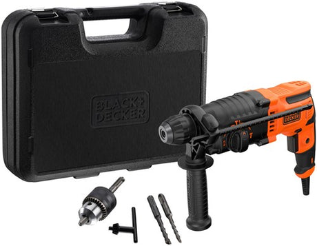 Black+decker behs01k 650w 1.4j sds+ borehammer | sidehåndtag | dybt stop | 6mm og 8mm betonbor | borepatronadapter | i tilfælde - behs01k-qs