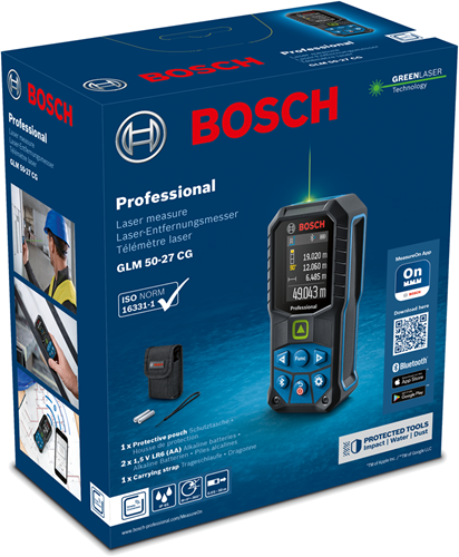 Bosch blå bosch professionel glm 50-27 cg - laserafstandsmåler - 50 meter - inklusiv batterier - håndrem - opbevaringstaske