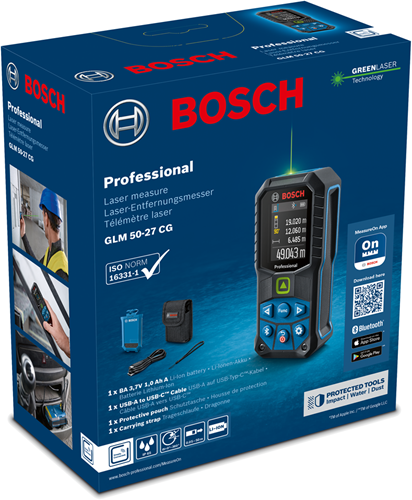 Bosch blå glm 50-27 cg | professionel laser afstandsmåler | genopladeligt batteri | 50 meter | grøn - 0601072u01