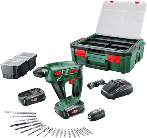 Bosch grøn uneo maxx sbx - akku borehammer | 18v | 2 x 1,5 ah batteri + oplader | i sag - 060395230k