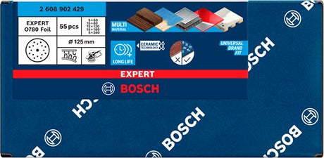 Bosch tilbehørsekspert 55-delt sæt slibeskive o780 med filmunderlag, 125 mm, 5xg60; 15xg80; 15xg120; 15xg180; 5xg240 - 2608902429