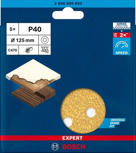 Bosch tilbehørsekspert c470 sandpapir til excenterslibere 125 mm, 8 huller, k40 5-delt - 2608900803
