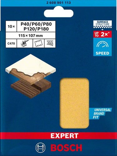 Bosch tilbehørsekspert c470 sandpapir til orbitalslibere 115 x 140 mm, k2x40 2x60 2x80 2x120 2x180 10-delt - 2608901113