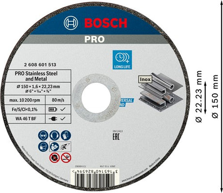 Bosch tilbehør pro rustfrit stål og metal bundet skæreskive | 150 x 1,6 x 22,23 mm | lige - 2608601513
