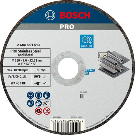 Bosch tilbehør pro rustfrit stål og metal bundet skæreskive | 150 x 1,6 x 22,23 mm | lige - 2608601513