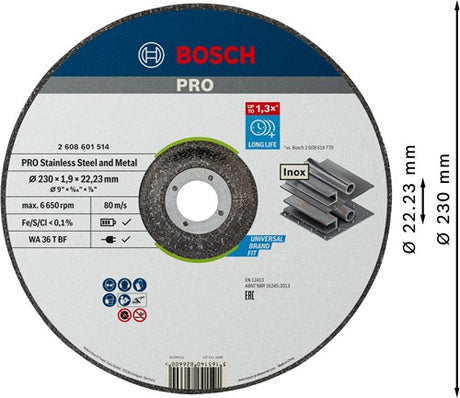 Bosch tilbehør pro rustfrit stål og metal bundet skæreskive | 230 x 1,9 x 22,23 mm | med deprimeret center - 2608601514