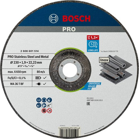 Bosch tilbehør pro rustfrit stål og metal bundet skæreskive | 230 x 1,9 x 22,23 mm | med deprimeret center - 2608601514