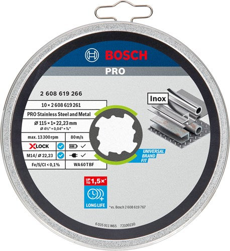 Bosch tilbehør x-lock slibeskive dåse 10x standard til rustfrit stål 10x115x1x22,23mm, lige - 1 stk. - 2608619266