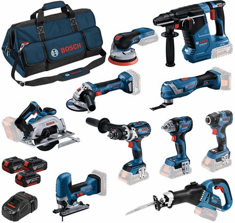 Bosch blauw 0615a5004g | accu combiset 18v 10 machines in tas (3x 5.0ah accu + lader) - 0615a5004g