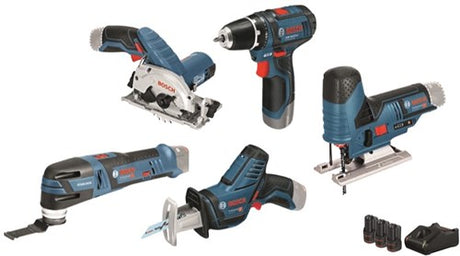 Bosch blå 5 værktøjssæt gsr 12v-15 + gst 12v-70 + gop 12v-28 + gks 12v-26 + gsa 12v-14 - 0615a0017c