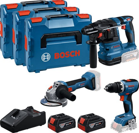 Bosch blå batteri værktøjssæt 3 værktøjssæt 18v (2x gba 18v 5.0ah, oplader gal 18v-40, gsr 18v-65, gbh 18v-22, gws 18v-8) - 0615a5009g