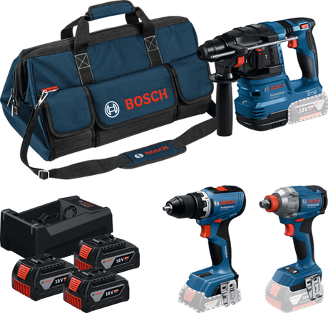 Bosch blå batteri værktøjssæt 3 værktøjssæt 18v gsr 18v-65 + gdx 18v-285 + gbh 18v-22 | 3x gba 18v 5.0ah + oplader gal 12v-18v-80 - 0615a50093
